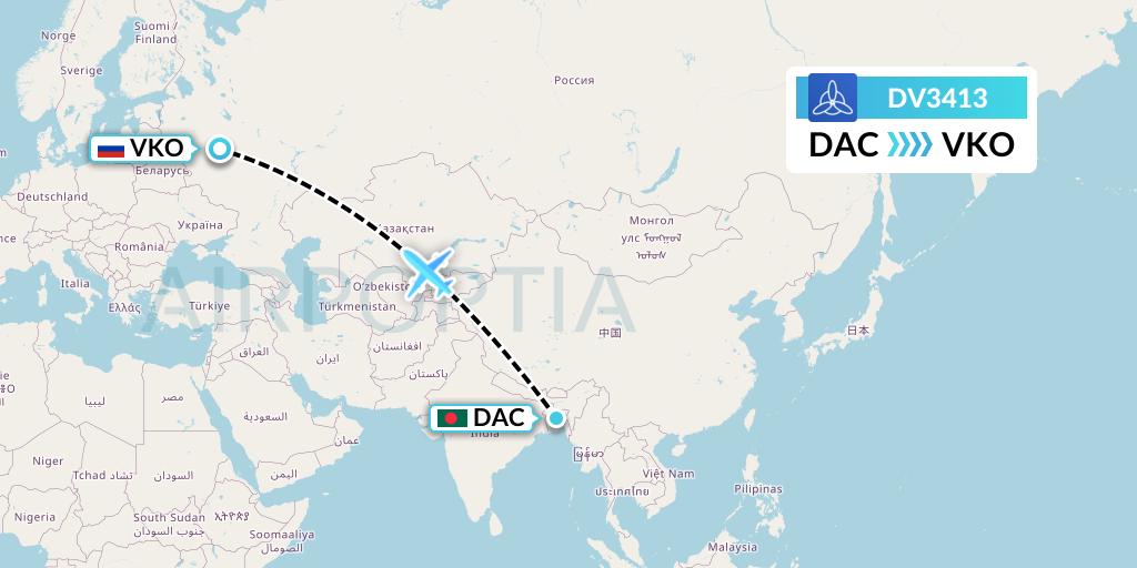 DV3413 SCAT Flight Map: Dhaka to Moscow