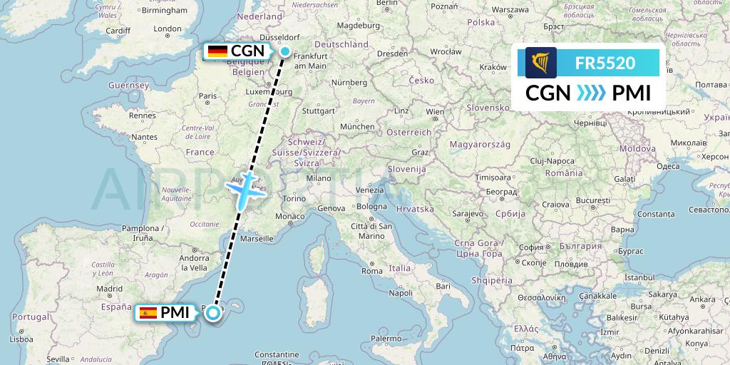 FR5520 Ryanair Flight Map: Cologne to Palma de Mallorca