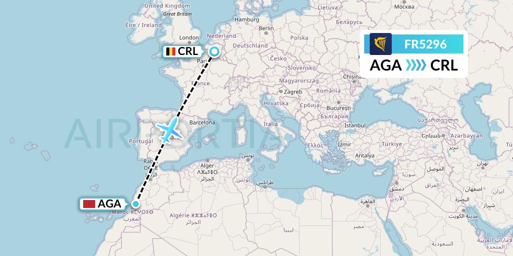 FR5296 Ryanair Flight Map: Agadir to Brussels