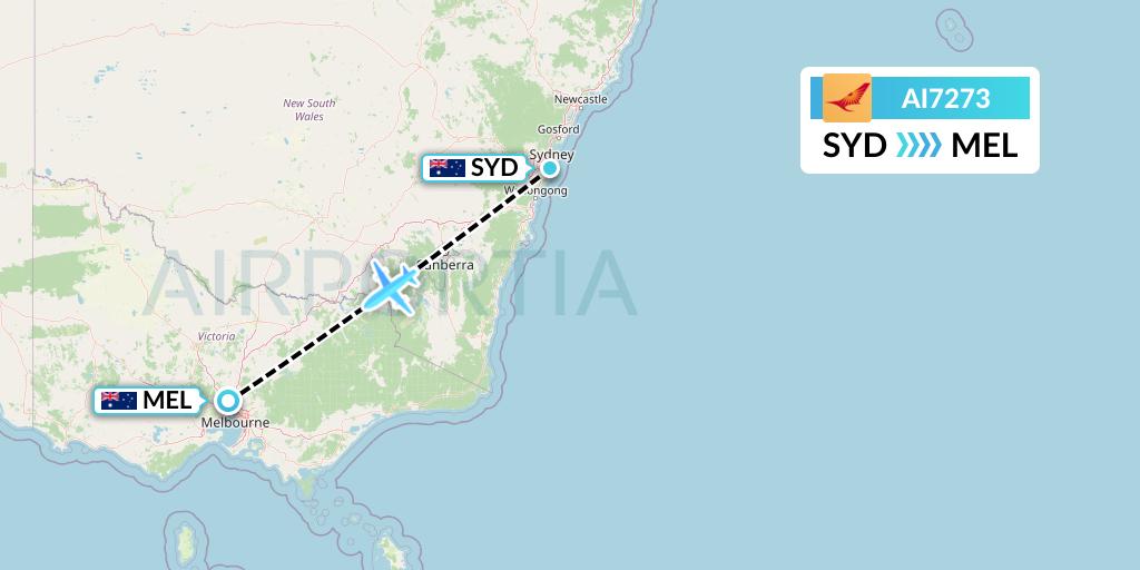 AI7273 Air India Flight Map: Sydney to Melbourne