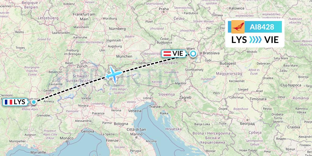 AI8428 Air India Flight Map: Lyon to Vienna