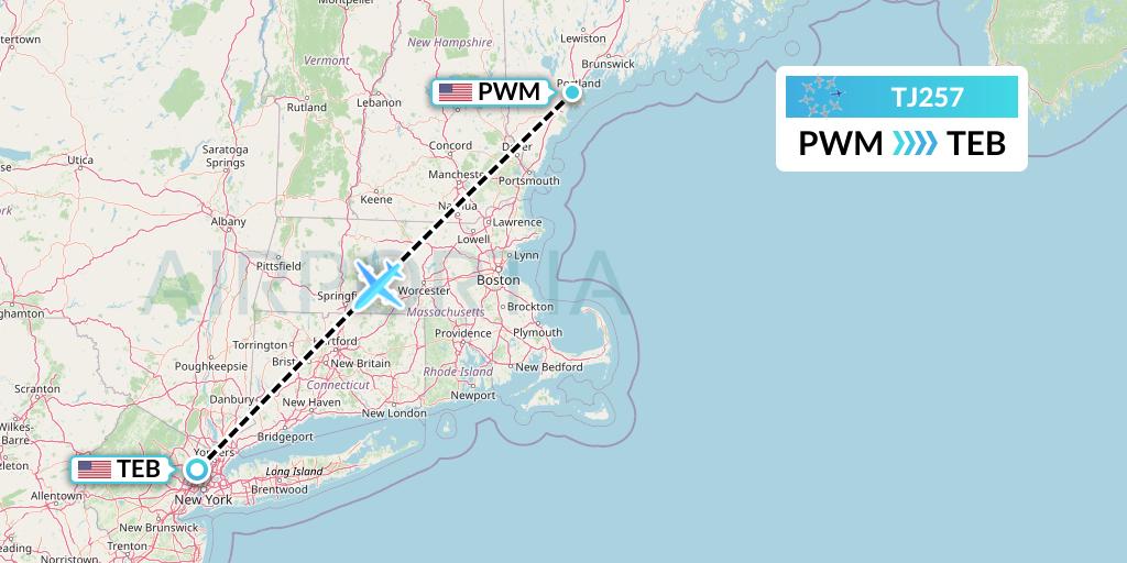 TJ257 Tradewind Aviation Flight Map: Portland to Teterboro