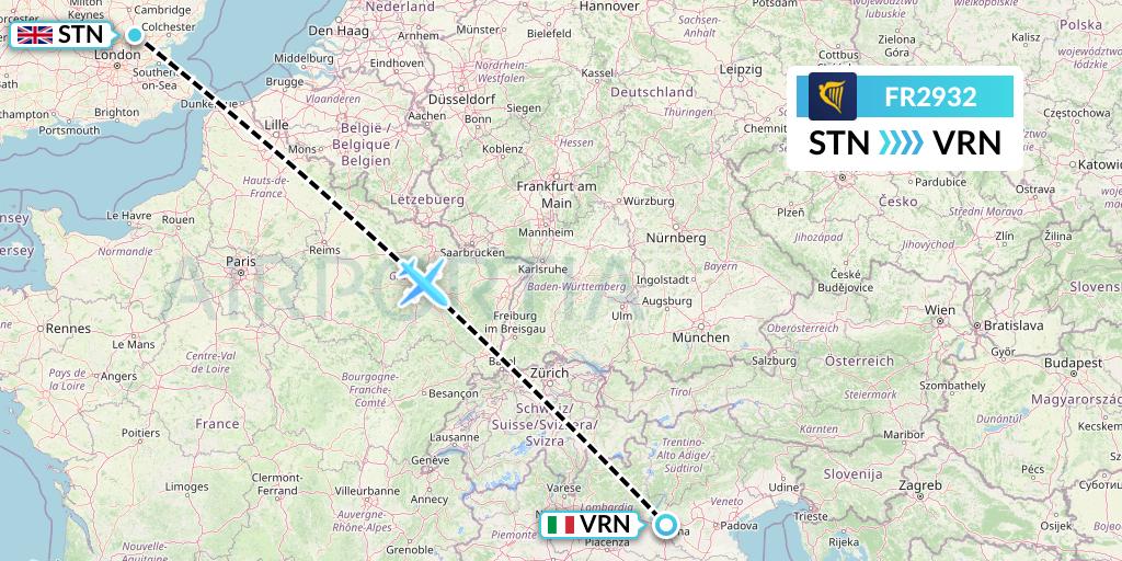 FR2932 Ryanair Flight Map: London to Verona