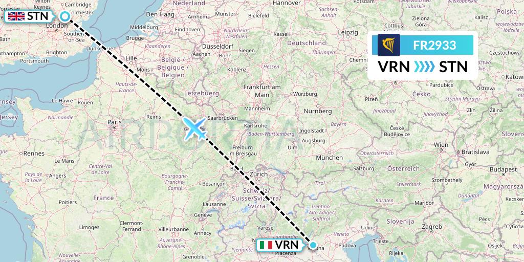 FR2933 Ryanair Flight Map: Verona to London