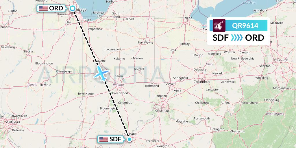 QR9614 Qatar Airways Flight Map: Louisville to Chicago