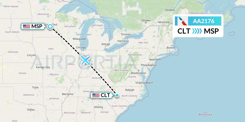 AA2176 American Airlines Flight Map: Charlotte to Minneapolis