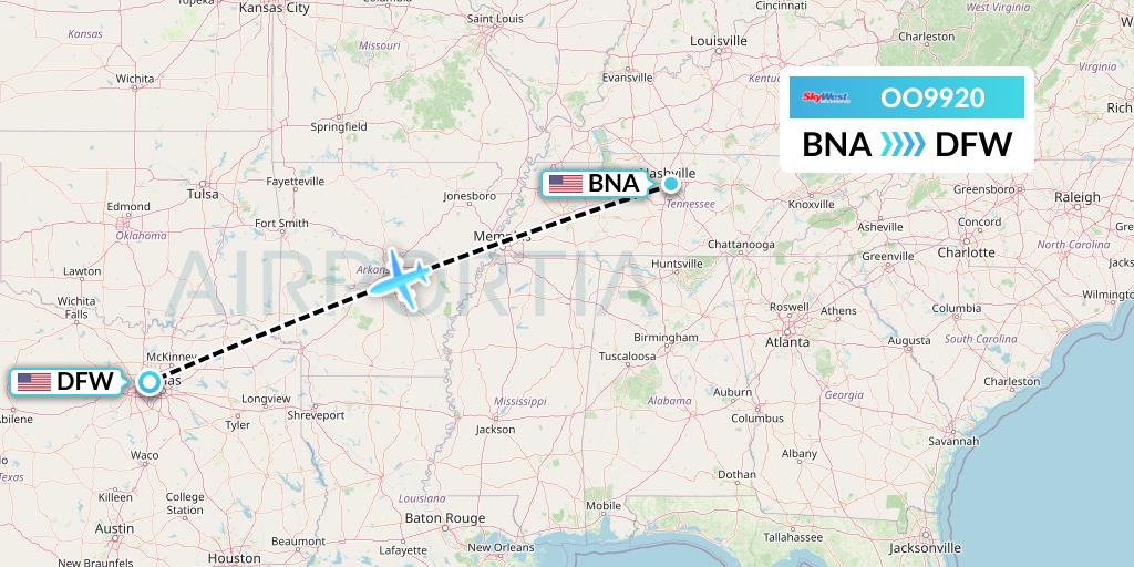 OO9920 SkyWest Airlines Flight Map: Nashville to Dallas