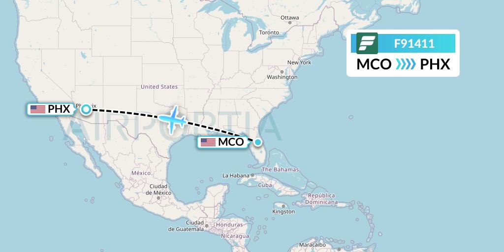 F91411 Frontier Airlines Flight Map: Orlando to Phoenix