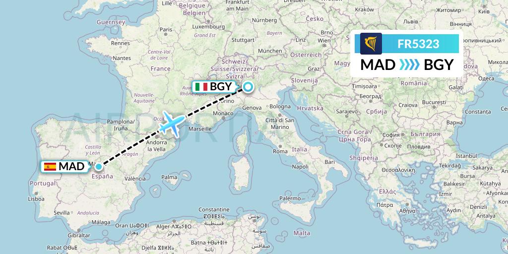 FR5323 Ryanair Flight Map: Madrid to Milan