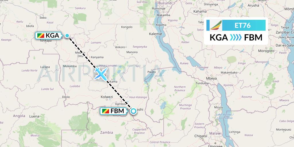 ET76 Ethiopian Airlines Flight Map: Kananga to Lubumbashi