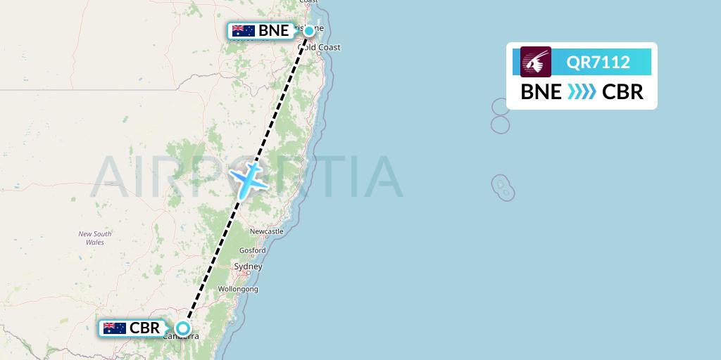 QR7112 Qatar Airways Flight Map: Brisbane to Canberra