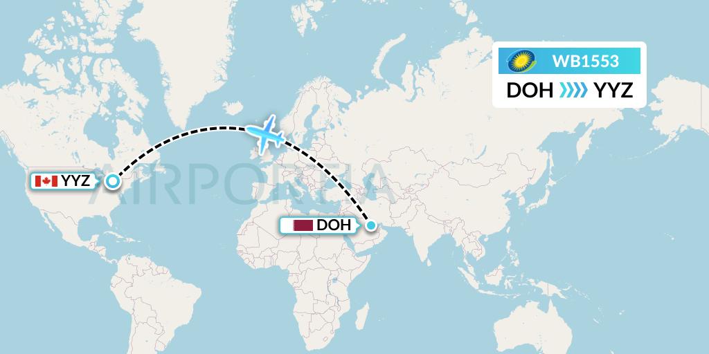WB1553 RwandAir Flight Map: Doha to Toronto