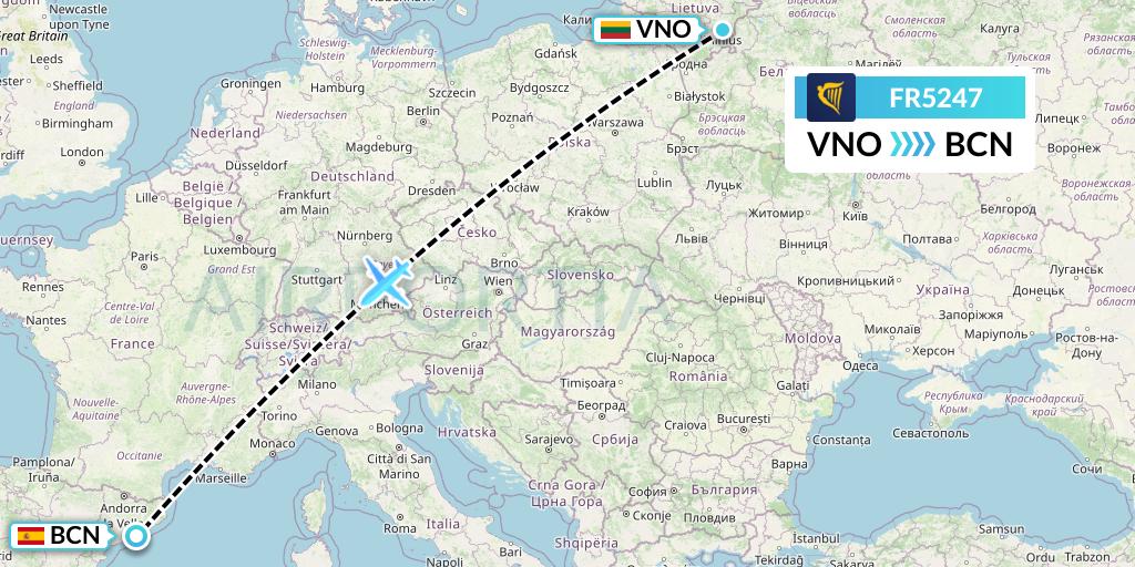 FR5247 Ryanair Flight Map: Vilnius to Barcelona