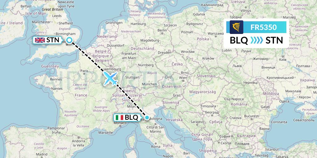 FR5350 Ryanair Flight Map: Bologna to London