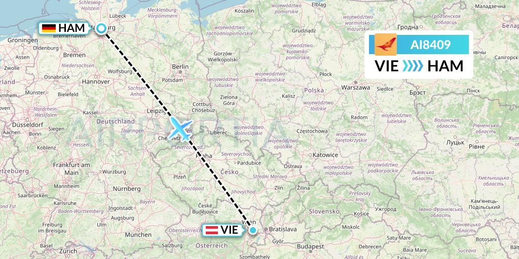 AI8409 Air India Flight Map: Vienna to Hamburg