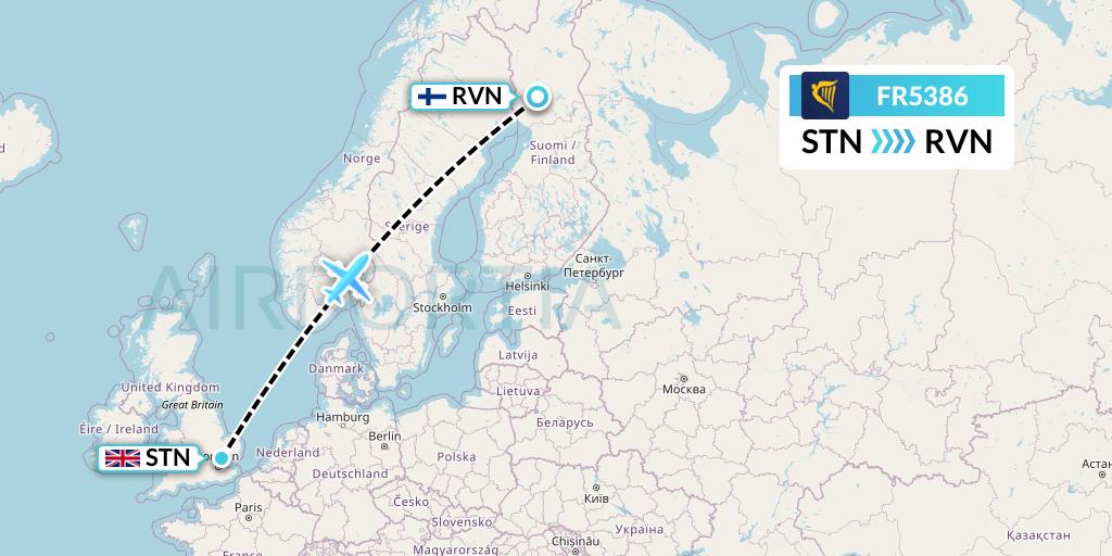 FR5386 Ryanair Flight Map: London to Rovaniemi