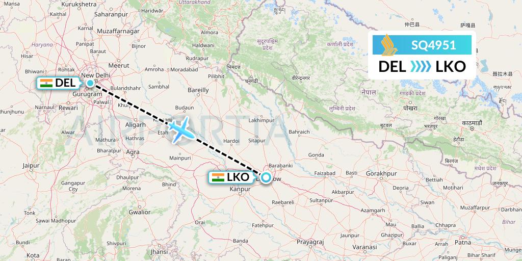 SQ4951 Singapore Airlines Flight Map: Delhi to Lucknow