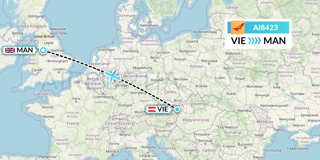 AI8423 Air India Flight Map: Vienna to Manchester