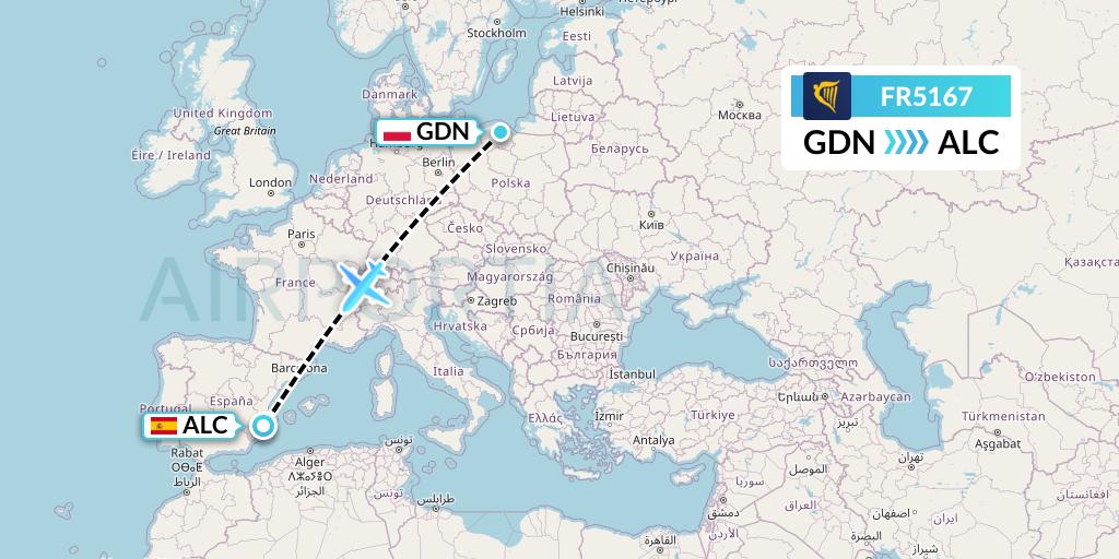 FR5167 Ryanair Flight Map: Gdansk to Alicante