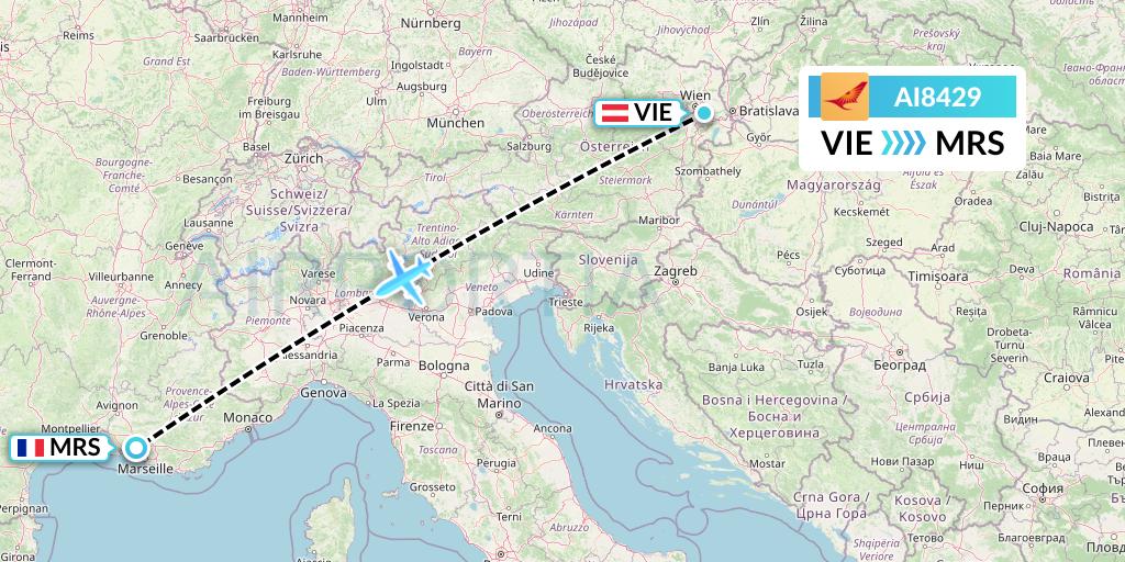 AI8429 Air India Flight Map: Vienna to Marseille