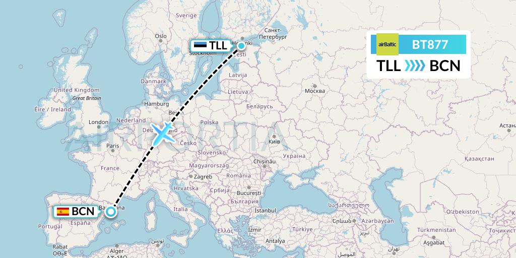BT877 Air Baltic Flight Map: Tallinn to Barcelona