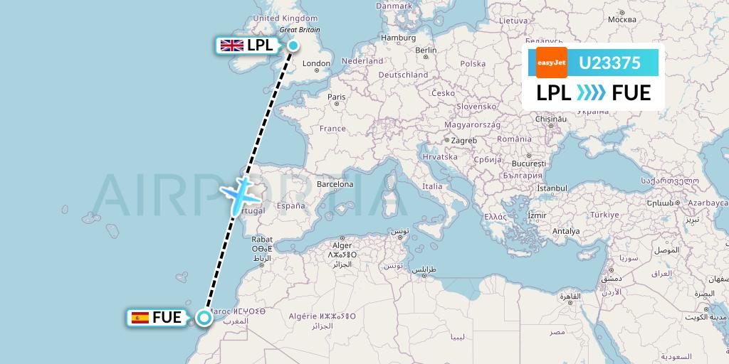 U23375 EasyJet Flight Map: Liverpool to Fuerteventura