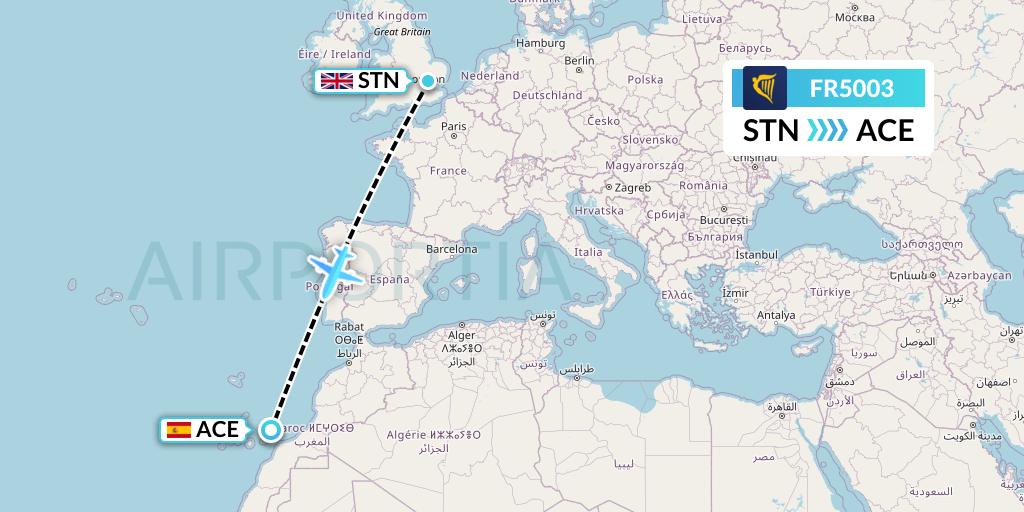 FR5003 Ryanair Flight Map: London to Lanzarote