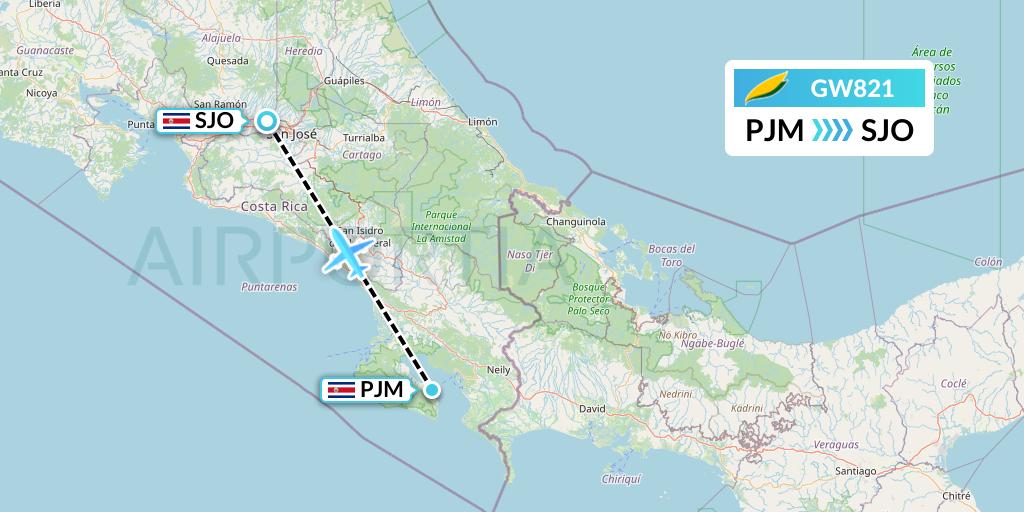 GW821 GetJet Airlines Flight Map: Puerto Jimenez to San Jose