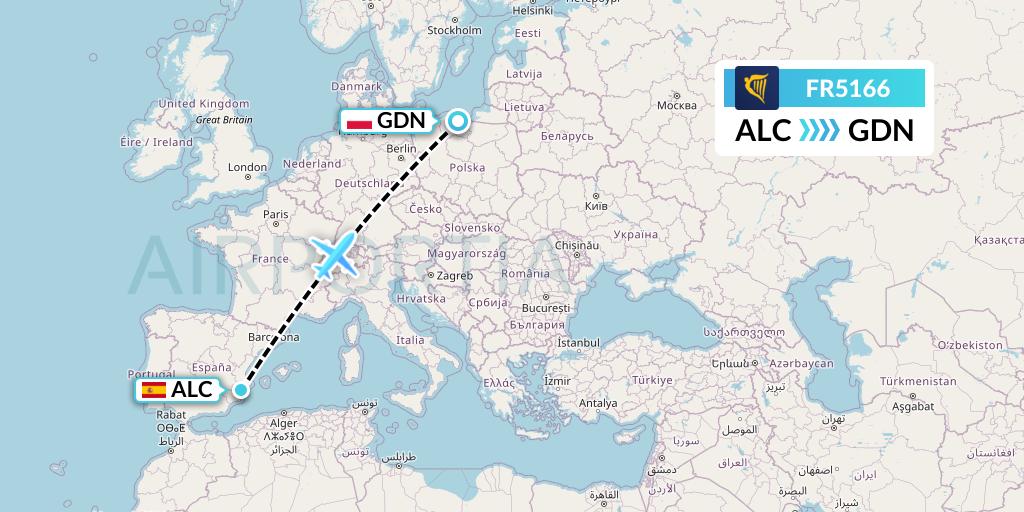 FR5166 Ryanair Flight Map: Alicante to Gdansk