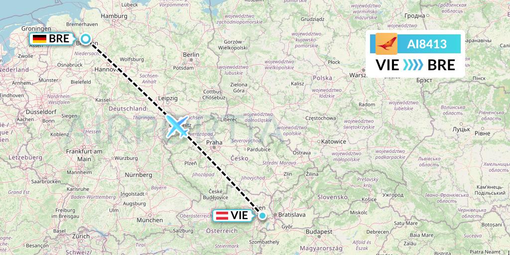 AI8413 Air India Flight Map: Vienna to Bremen