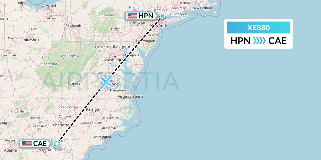 XE880 Jsx Flight Map: White Plains to Columbia