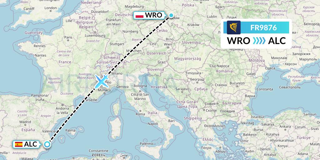 FR9876 Ryanair Flight Map: Wroclaw to Alicante