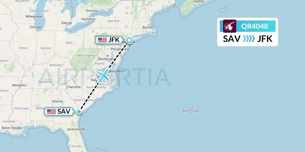 QR4048 Qatar Airways Flight Map: Savannah to New York