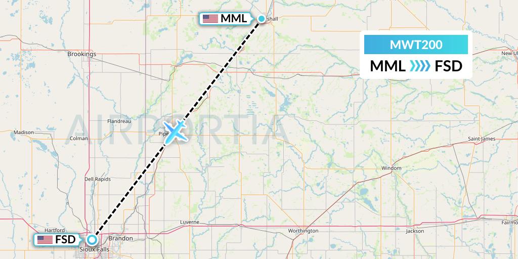 MWT200 Midwest Aviation Division Flight Map: Marshall to Sioux Falls