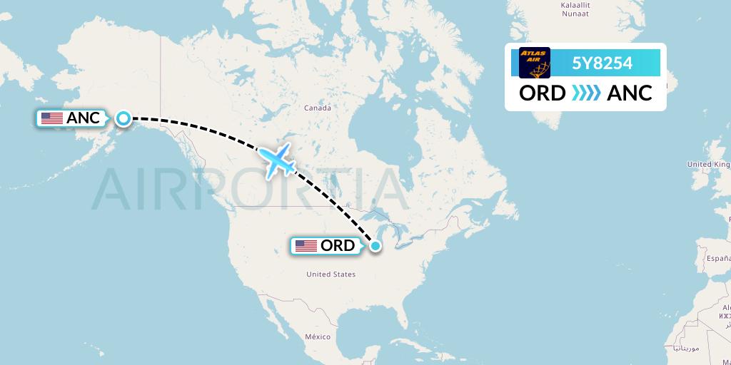 5Y8254 Atlas Air Flight Map: Chicago to Anchorage