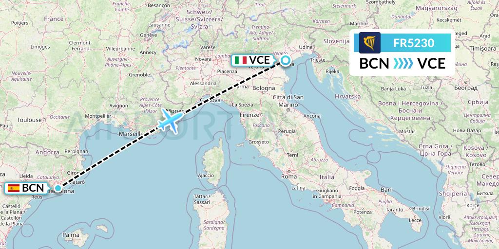 FR5230 Ryanair Flight Map: Barcelona to Venice
