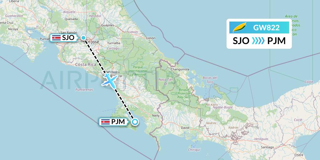 GW822 GetJet Airlines Flight Map: San Jose to Puerto Jimenez