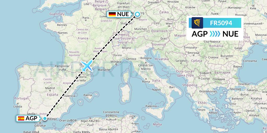 FR5094 Ryanair Flight Map: Malaga to Nurnberg