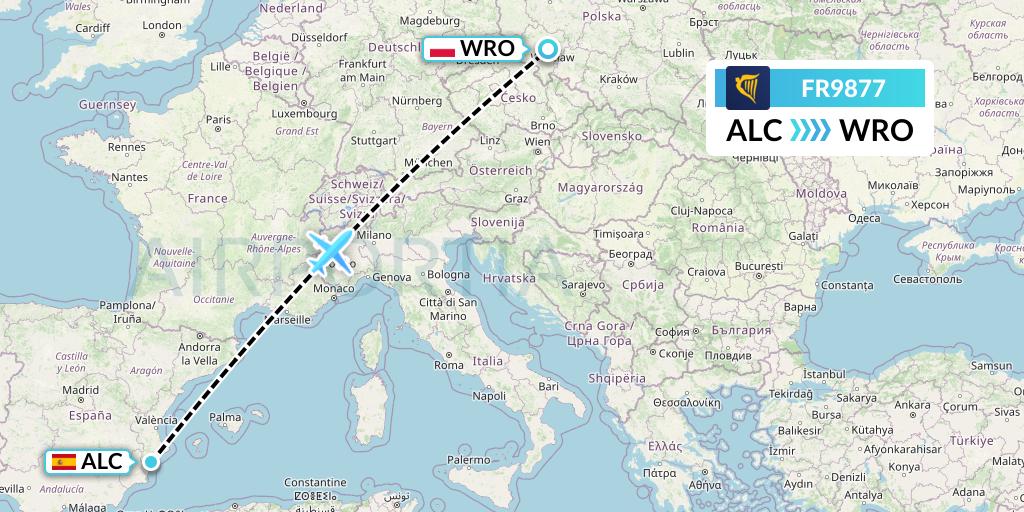 FR9877 Ryanair Flight Map: Alicante to Wroclaw