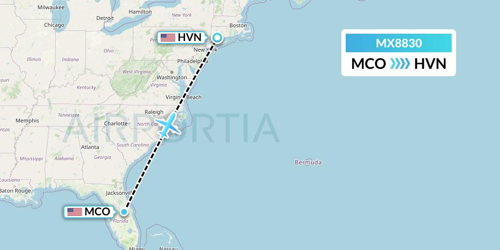 MX8830 Breeze Airways Flight Map: Orlando to New Haven