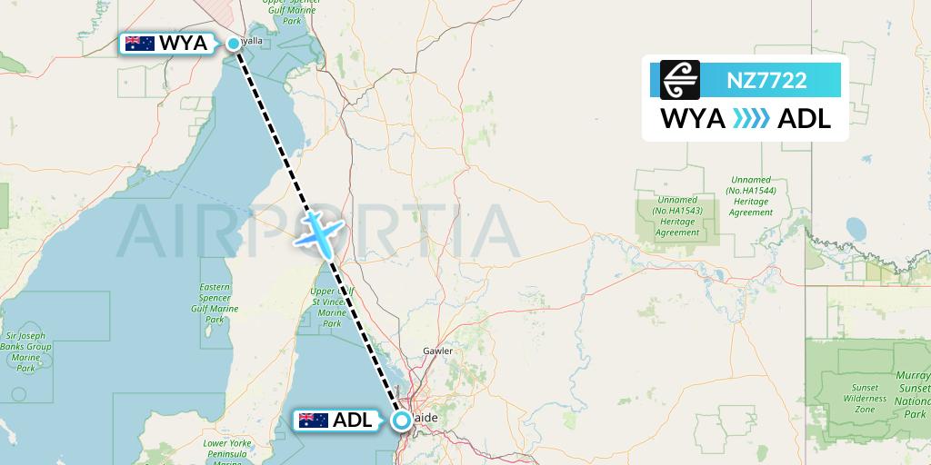 NZ7722 Air New Zealand Flight Map: Whyalla to Adelaide