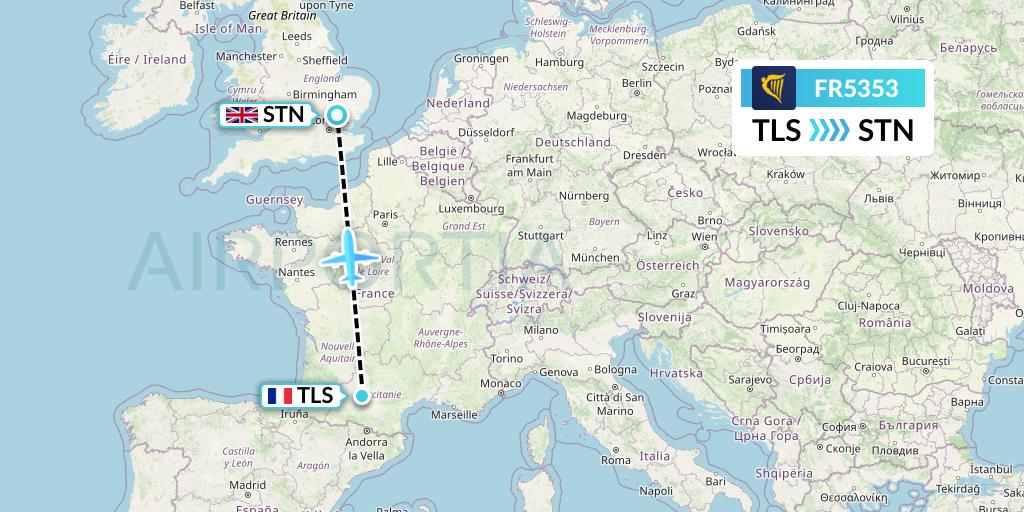 FR5353 Ryanair Flight Map: Toulouse to London