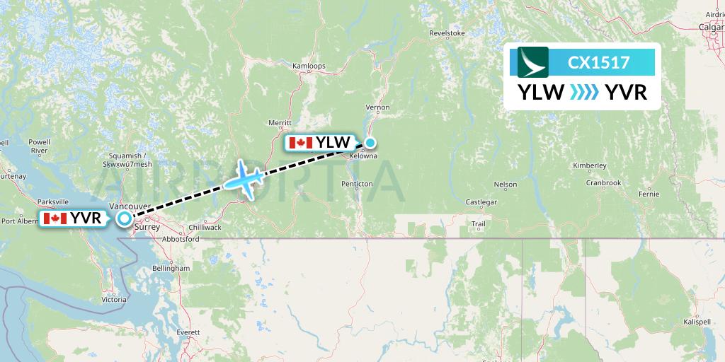 CX1517 Cathay Pacific Flight Map: Kelowna to Vancouver