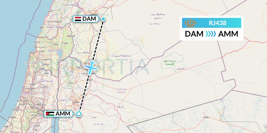 RJ438 Royal Jordanian Flight Map: Damascus to Amman