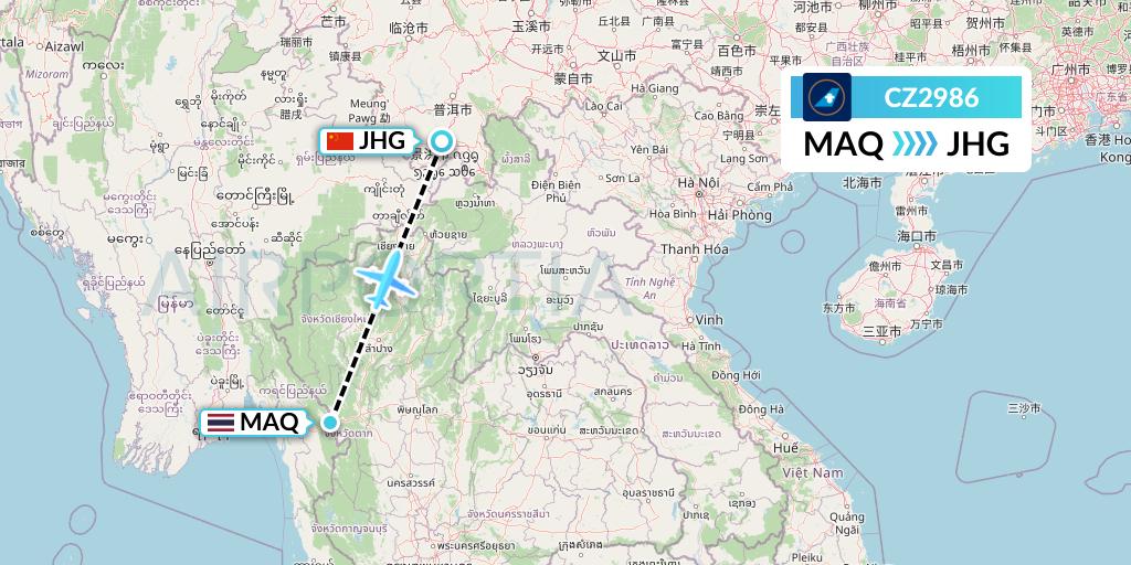 CZ2986 China Southern Airlines Flight Map: Mae Sot to Jinghong