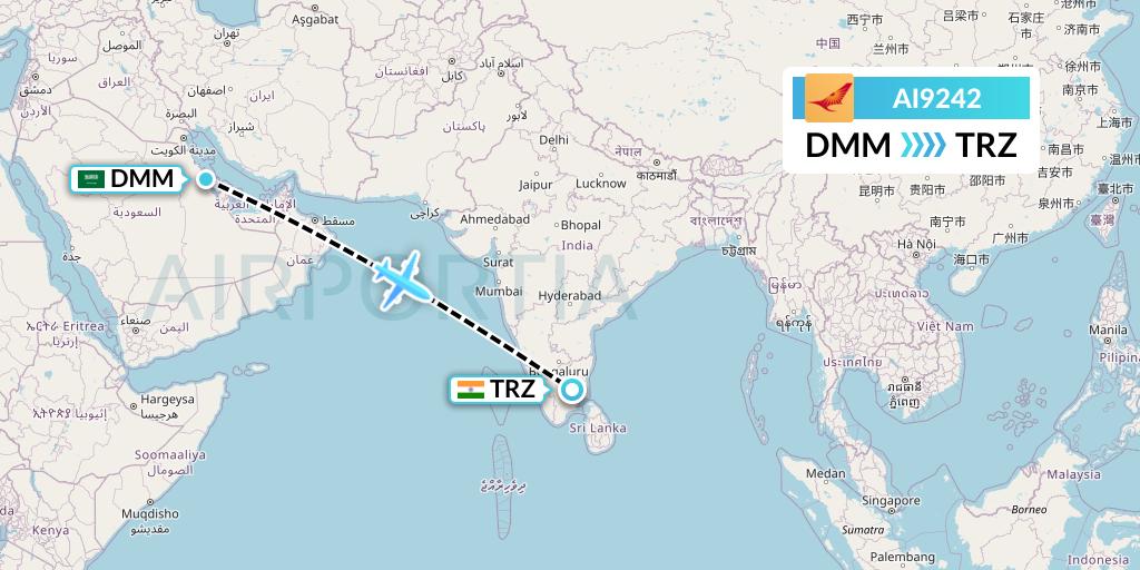 AI9242 Air India Flight Map: Dammam to Tiruchirapalli