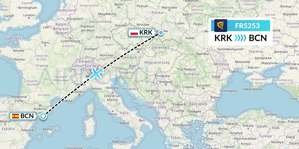 FR5253 Ryanair Flight Map: Krakow to Barcelona