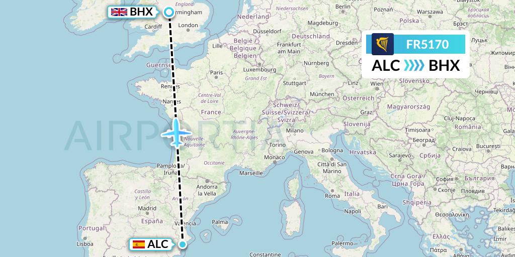 FR5170 Ryanair Flight Map: Alicante to Birmingham