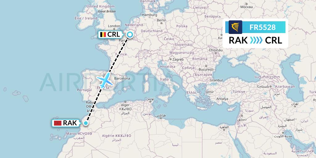 FR5528 Ryanair Flight Map: Marrakesh to Brussels