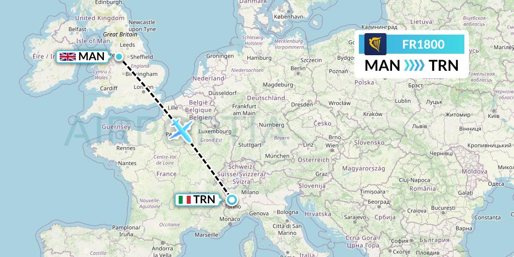FR1800 Ryanair Flight Map: Manchester to Turin